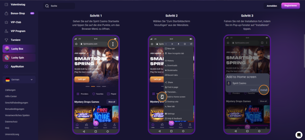 Installationsanleitung der Spirit Casino App