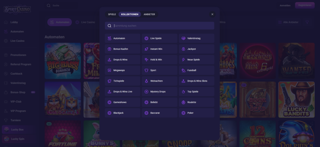 Filterfunktionen im Spirit Casino
